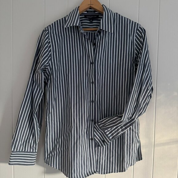Jones New York Signature Easy Care Women's Button Down Navy White Stripe - M - Picture 1 of 4